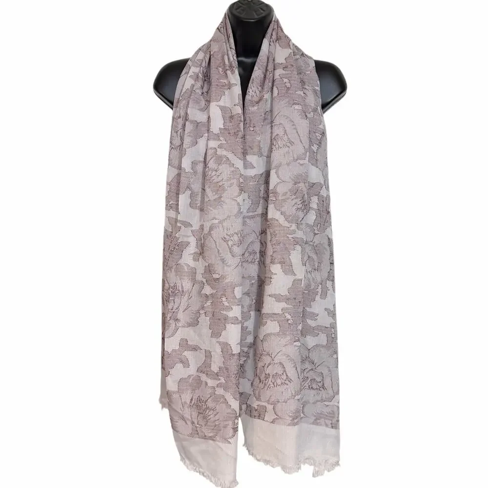 VTG 100% Pashmina Floral Damask Burnout Scarf Wrap Shawl Mauve Pink Cream Fringe